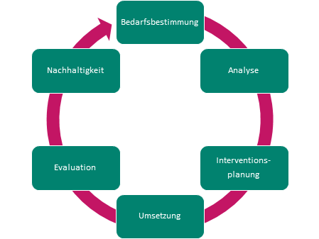 Kreislaufdiagramm zur Darstellung des Prozesses im Betrieblichen Gesundheitsmanagement mit den Phasen Bedarfsbestimmung, Analyse, Interventionsplanung, Umsetzung, Evaluation und Nachhaltigkeit. Die Phasen sind kreisförmig angeordnet, was die fortlaufende und zyklische Natur des Prozesses symbolisiert.