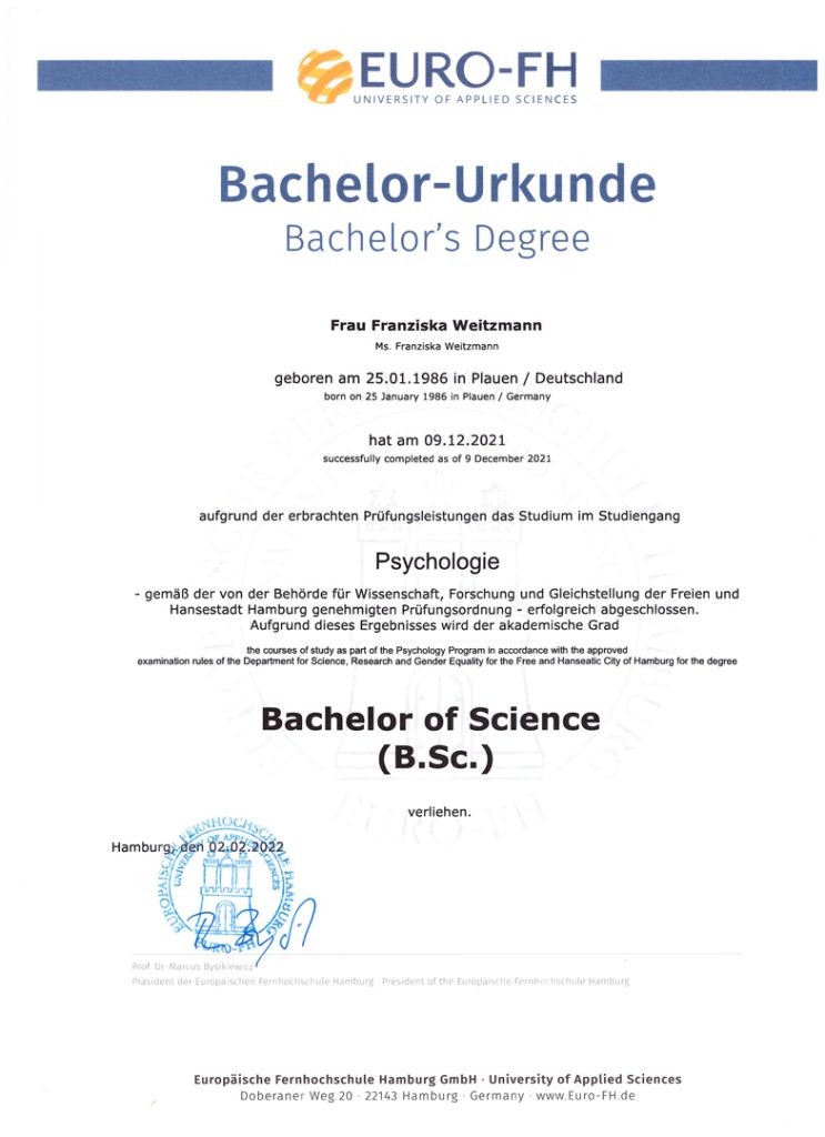 Bachelor-Urkunde der Europäischen Fernhochschule Hamburg (Euro-FH) für Franziska Weitzmann, Abschluss als Bachelor of Science (B.Sc.) in Psychologie