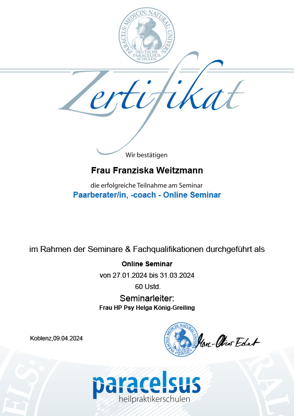 Zertifikat der Paracelsus Schule für Franziska Weitzmann zur erfolgreichen Teilnahme am Online-Seminar 'Paarberater/in, -coach'